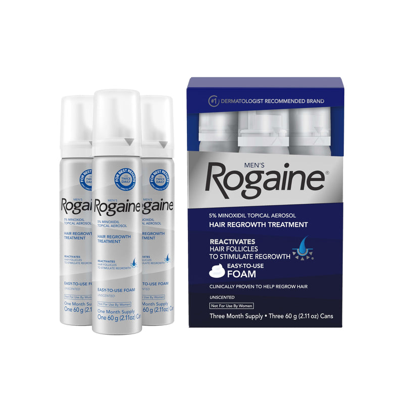 Men's Rogaine 5% Minoxidil Topical Foam, Unscented, 3 Mo Supply, 3x 2.11 Oz | Hair Regrowth Foam, Topical Hair Loss Treatment for Men, Regrow Fuller, Thicker Hair, Unscented, Aerosol, 3-Month Supply 2.11 Ounce (Pack of 3)