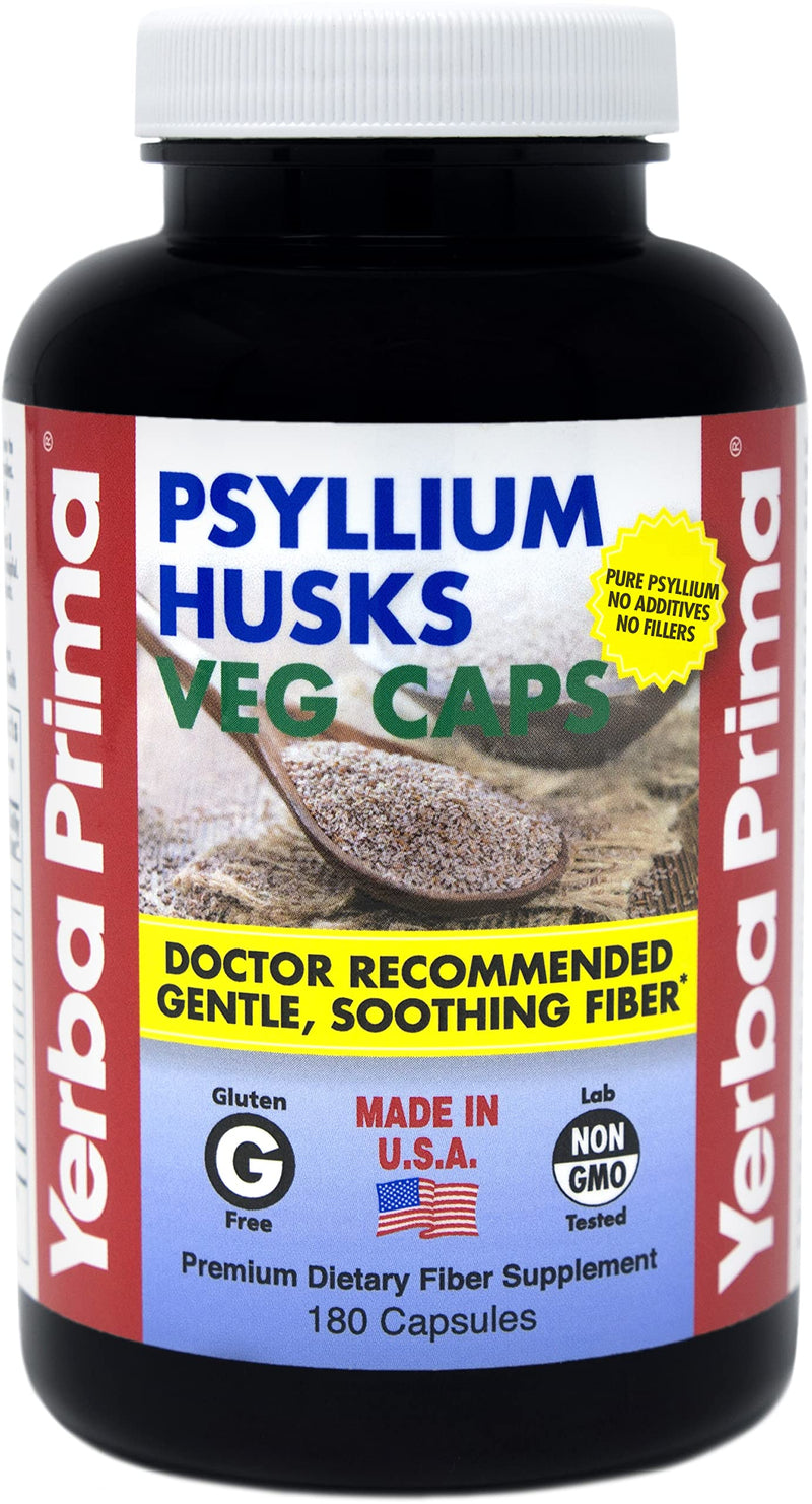 [Australia] - Yerba Prima Psyllium Husks, 180 Veg Capsules (625mg) - Vegan, Non-GMO, Gluten Free, Colon Cleanser, Daily Fiber Supplement for Gut Health & Regularity 180 Count (Pack of 1) 
