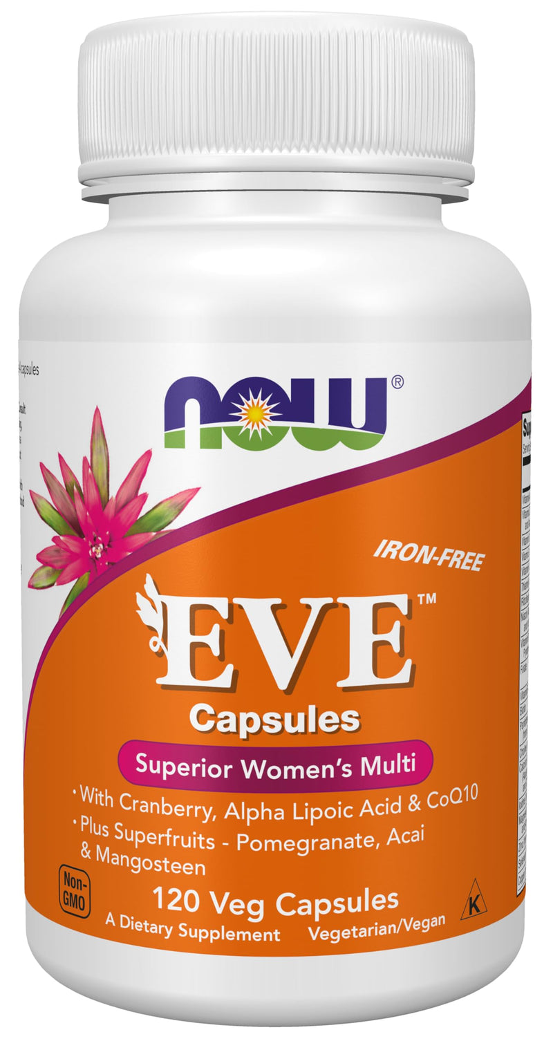 NOW Foods Supplements, Eve™ Women's Multivitamin with Cranberry, Alpha Lipoic Acid and CoQ10, plus Superfruits - Pomegranate, Acai & Mangosteen, Iron-Free, 120 Veg Capsules 120 Count (Pack of 1)