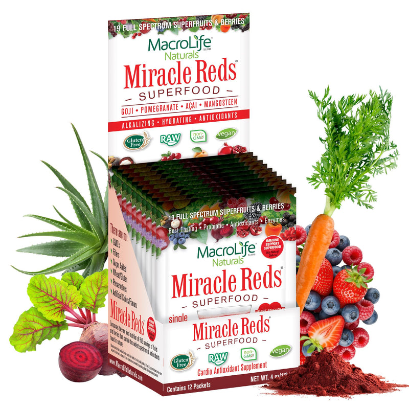 MacroLife Naturals Miracle Reds Superfood Powder, 19 Fruits, 12 Packets | Beet, Blueberry, Elderberry, Acai & Turmeric; Antioxidants & Polyphenols; Raw, Organic; Single-Serve Packets 4 Ounce (Pack of 1)