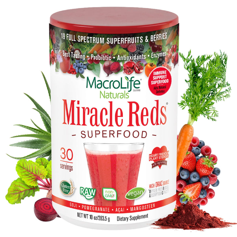 MacroLife Naturals Miracle Reds Superfood Powder 19 Blended Fruit & Berry Polyphenols Enzymes Probiotics & Antioxidants Supplement - Raw Non-GMO & Vegan Whole Food Vitamins - 30 Servings 10 Ounce (Pack of 1)