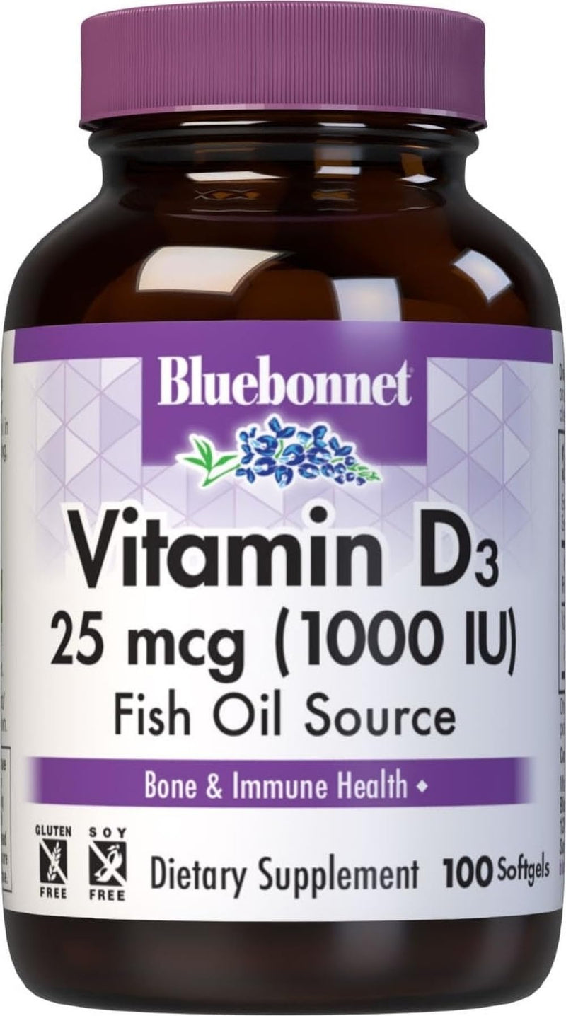 Bluebonnet Nutrition Vitamin D3 1000 IU Softgels, Aids in Muscle and Skeletal Growth, Cholecalciferol from Fish Oil, Non GMO, Gluten Free, Soy Free, Dairy Free, 100 Softgels | Bone Health & Immune Health; Non-GMO, Gluten-Free, Soy-Free, Dairy-Free