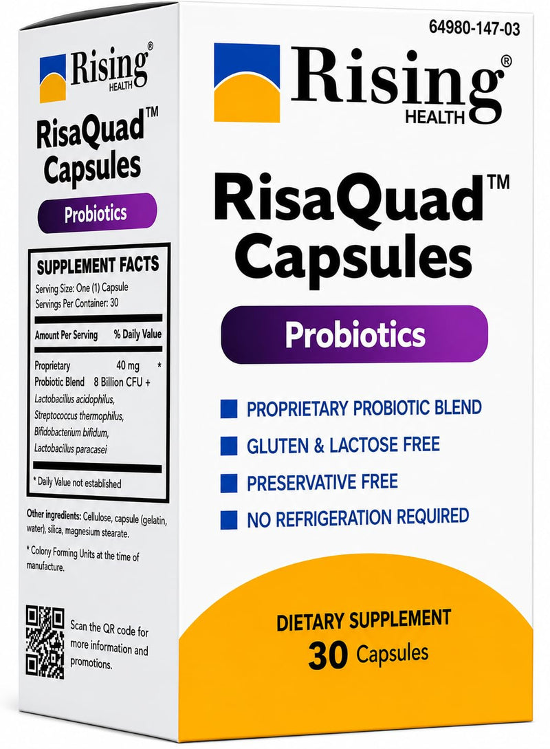 Rising Health RisaQuad™ Probiotic Capsules – 40 mg (8 Billion CFU+) Proprietary Probiotic Blend for Daily Digestive & Gut Health Support | No Need for Refrigeration - 30 Capsules 40mg (8 Billion CFU+)