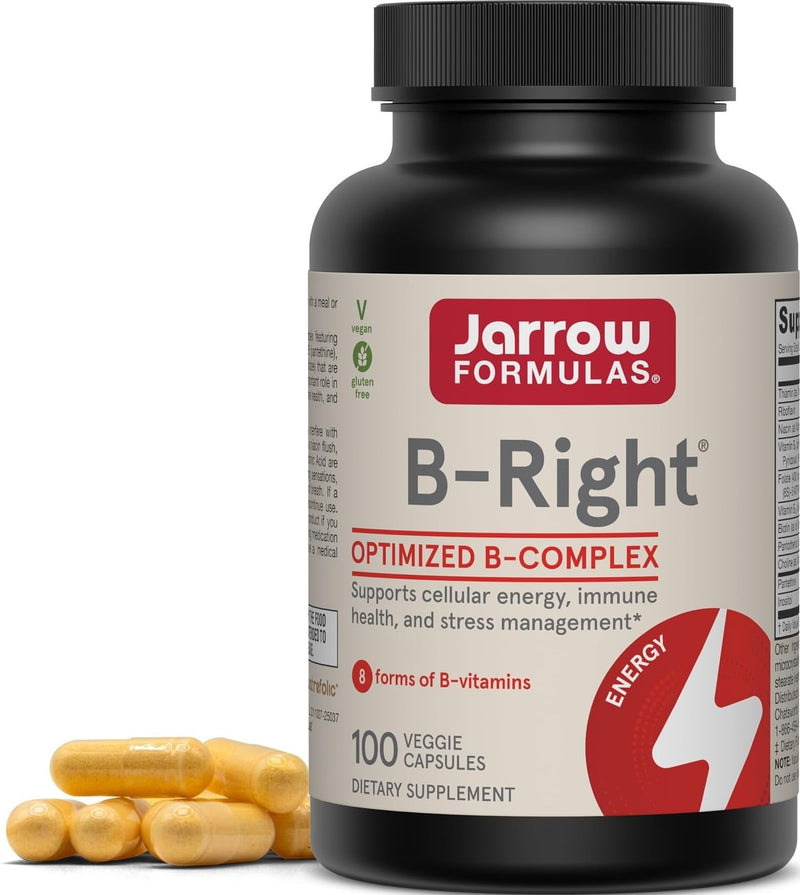 Jarrow B-Right Vitamin B Complex Formula, 100 Capsules | Optimized B-Complex Supports Cellular Energy & Metabolism, Cardiovascular Health, Immune & Heart Health, Vegan, Non-GMO Unflavored 100 Count (Pack of 1)