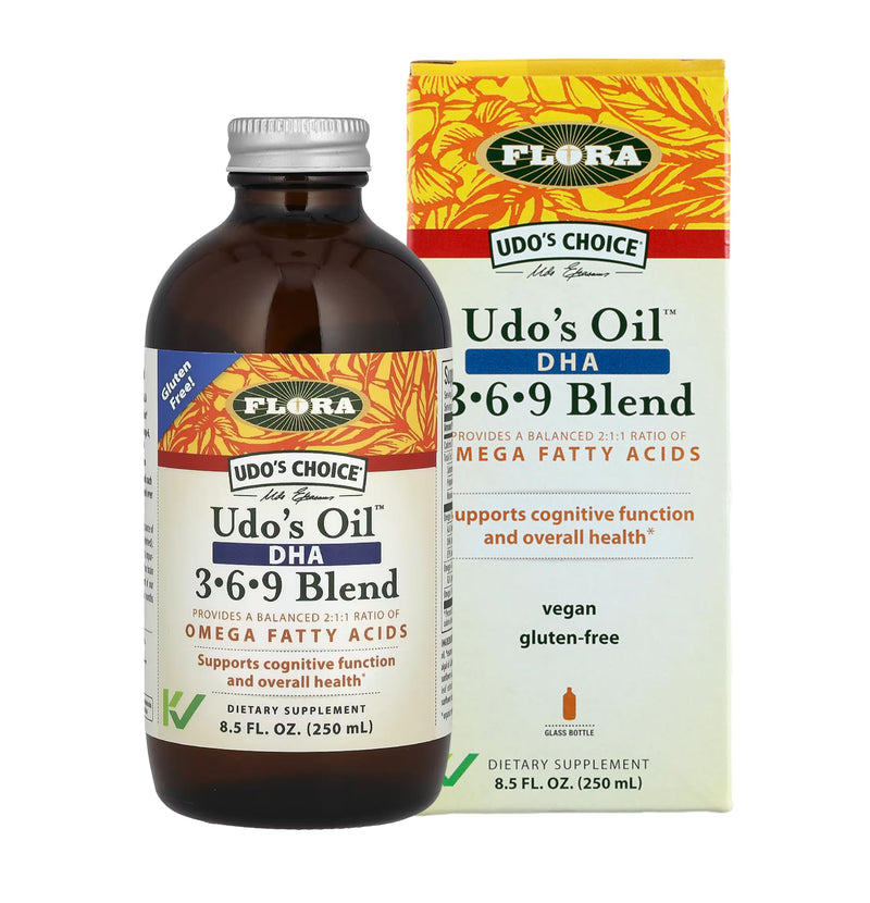 Flora - Udo's Choice Omega 369 Oil Blend with DHA, Udo's Oil Balanced 2:1:1 Ratio of Omega Fatty Acids, Supports Cognitive Function & Overall Health, 8.5-fl.oz. Glass Bottle 8.5 Fl Oz (Pack of 1)