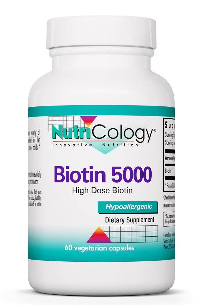 Nutricology Biotin 5000 mcg, Hair Skin and Nails, 60 Capsules | 5000 mcg Vitamin B Biotin for Metabolism, Energy Production and Hair, Skin and Nail Support, Gluten-Free, 60 Servings