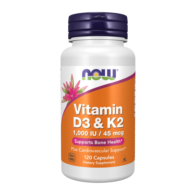 NOW Supplements, Vitamin D-3 & K-2, 1,000 IU/45 mcg,Plus Cardiovascular Support*, Supports Bone Health*, 120 veg Capsules 120 Count (Pack of 1)