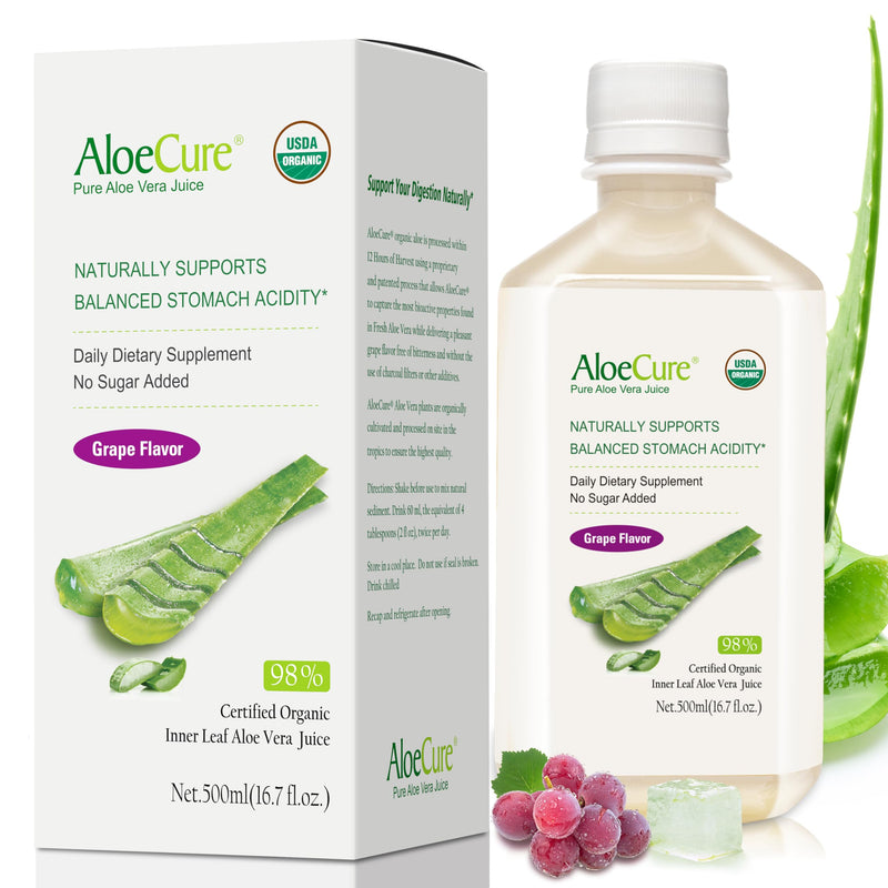 [Australia] - AloeCure USDA Organic Aloe Vera Juice Grape Flavor, Made Within 12 Hours of Harvest - Pure Aloe Juice Natural Digestive & Immune Support Supplement, Naturally Balances Stomach Acidity, 16.7oz Bottle 1 