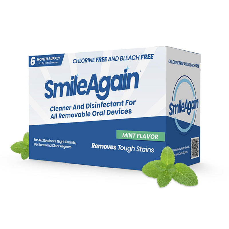 SmileAgain Retainer Cleaner - 180-220 Cleanings 22 Pack/6 Month Supply - for Clear Aligners, Dentures, Mouth Guards & Night Guards - Our Oral Appliance Cleaner & Denture Care Powder - Mint Flavored 6 Month Supply