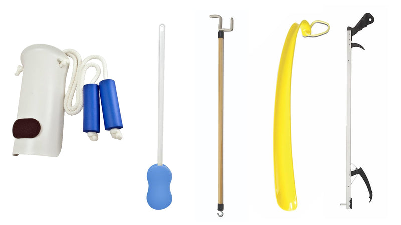 [Australia] - Essential Medical Supply Everyday Essentials Hip and Knee Surgery Recovery Kit with a Sock Aid, Shoehorn, Sponge, Reacher and Dressing Stick 