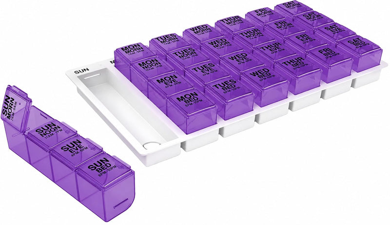 EZY DOSE Weekly (7-Day) Pill Case, Medicine Planner, Vitamin Organizer, Large Pop-Out Compartments, 4 Times a Day, Convenient and Easy to Use, Color May Vary, BPA Free
