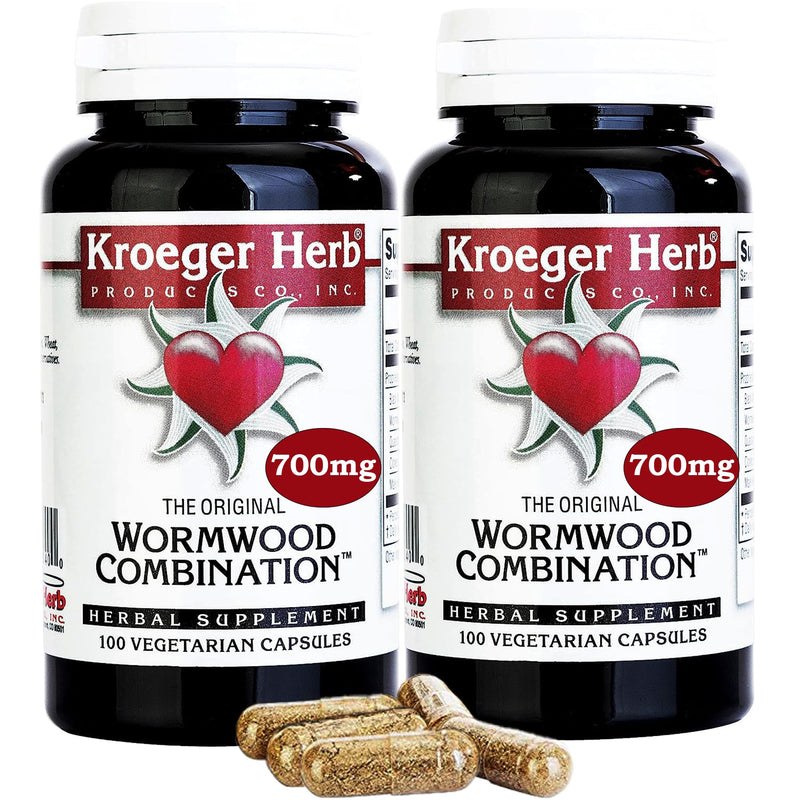 [Australia] - Kroeger Herb Wormwood Combination - 700mg - Vegetarian Capsules - 100 Caps | Pack of (2) | Our powerful combination includes Wormwood, Black Walnut Leaves, Quassia, Cloves, and Male Fern 50 Count (Pack of 2) 