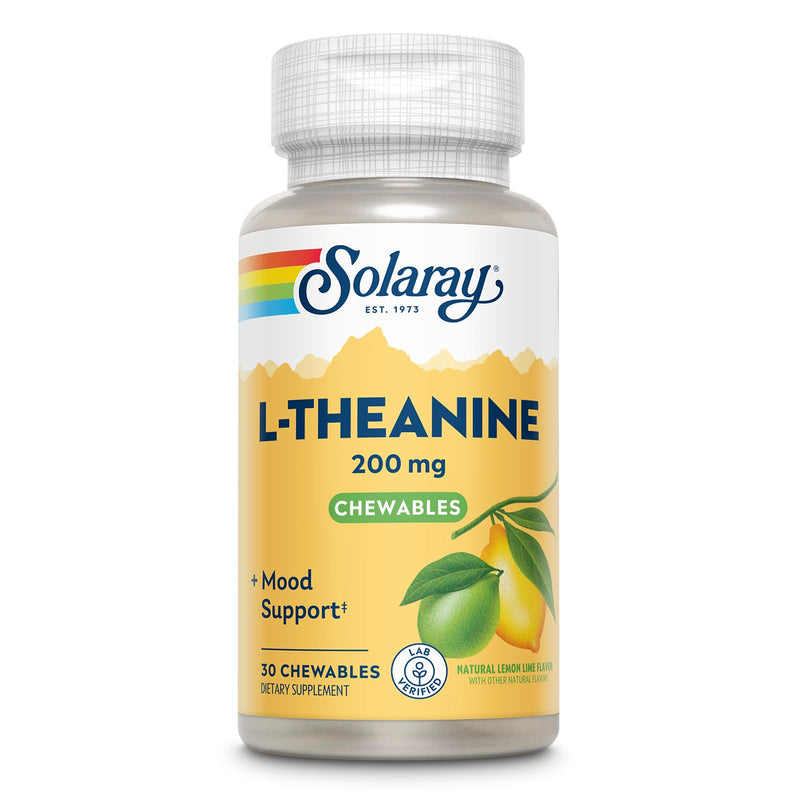 SOLARAY L Theanine 200mg, Mood Support Supplement with Vitamin B6 - Calming Support During Occasional Stress - Natural Lemon Lime Flavor - 60-Day Guarantee, Lab Verified - 30 Servings, 30 Chewables 30 Count (Pack of 1)