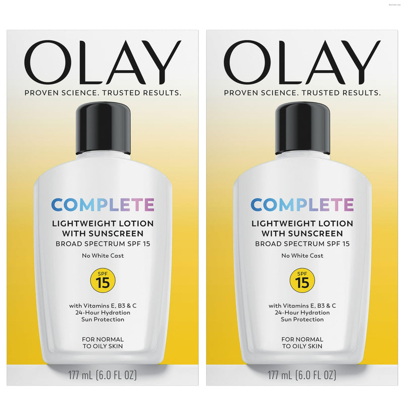 Olay Face Moisturizer, Complete with Sunscreen SPF 15, Daily Facial Lotion for Normal Skin, Lightweight Hydrating Broad Spectrum Sun Protection - Vitamin C, E, and Niacinamide - 6 Oz 2 Pack 6 Fl Oz (Pack of 2)