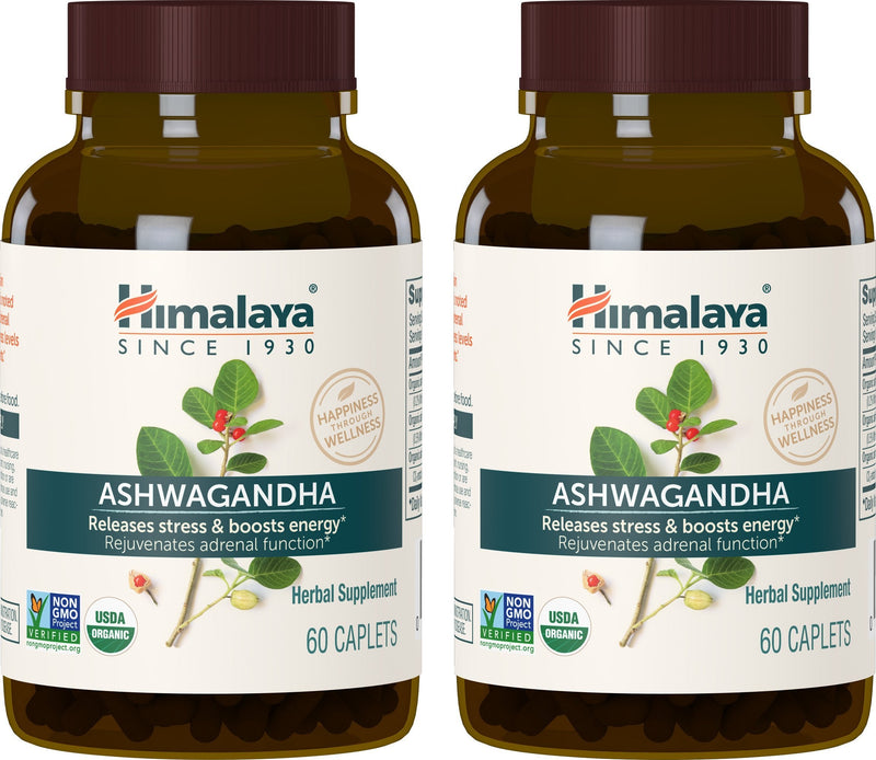 [Australia] - Himalaya Organic Ashwagandha, 120 Day Supply, Herbal Supplement for Stress Relief, Energy Support, Occasional Sleeplessness, USDA Organic, Non-GMO, Vegan, Gluten Free, 670 mg, 60 Caplets, 2 Pack 