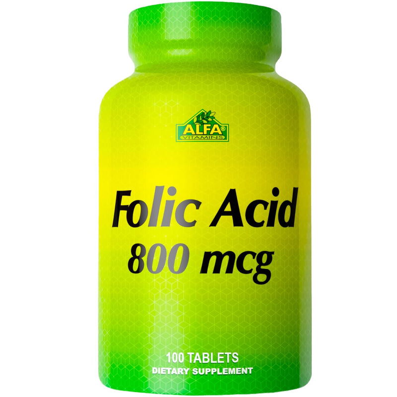 ALFA VITAMINS Folic Acid 800 mcg Prenatal Supplement, Supports Cardiovascular Health, Body & Brain Functions, Red Blood Cell Formation & Healthy Fetal Development, Dietary Supplement, 100 Tablets