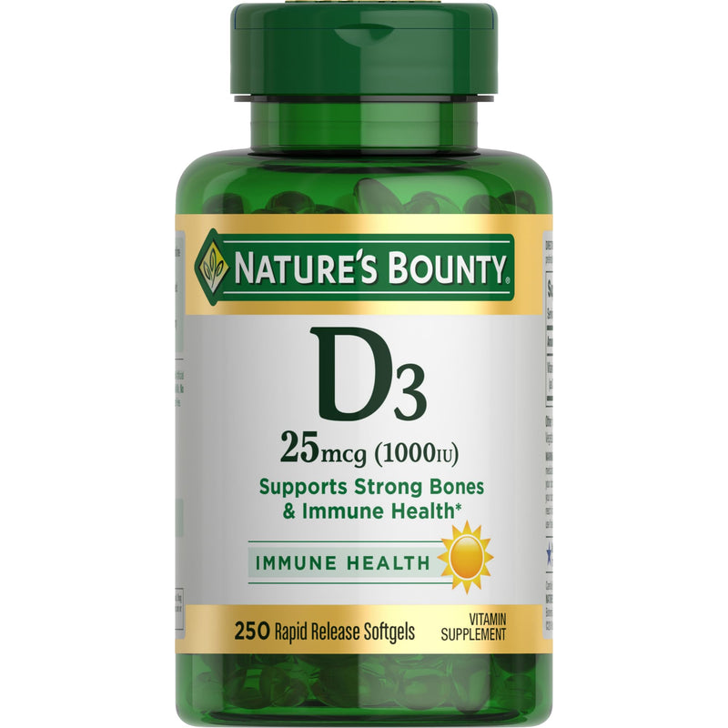 Nature's Bounty Vitamin D3 1000 IU, Immune Support, 250 Count | Helps Maintain Healthy Bones, 250 Rapid Release Softgels 250 Count (Pack of 1)