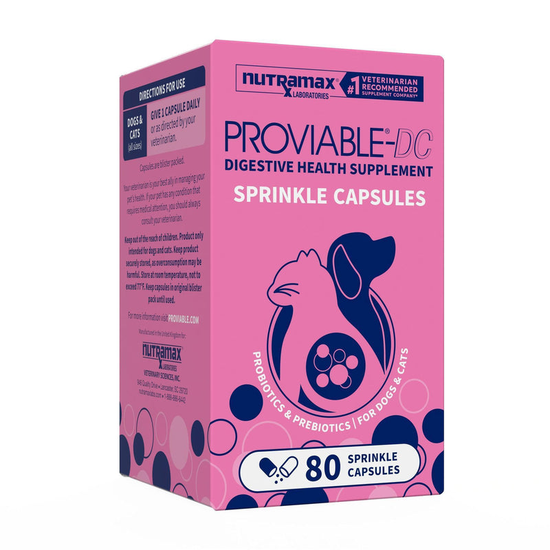 Nutramax Proviable Probiotics + Prebiotics, for Dogs & Cats, Capsules, 80ct | Probiotics and Prebiotics for Cats and Dogs, Daily Gut Health Support Supplement, Multiple Strains, Sprinkle on Food 80 Count