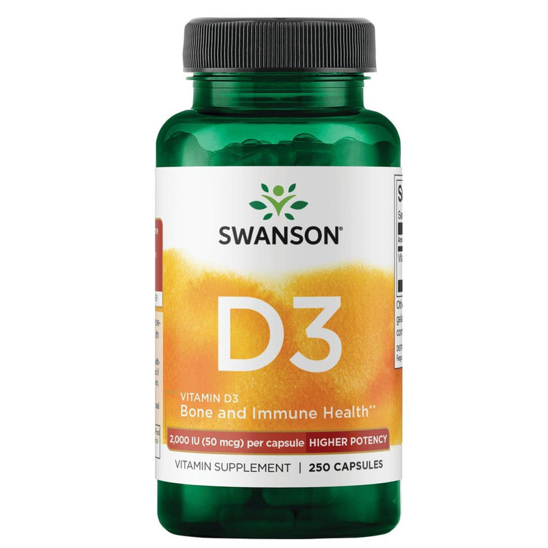 Swanson Higher Potency Vitamin D-3 2000 IU (50 mcg), 250 Capsules | Sunshine Vitamin Supporting Bone Health and Immune Support, Biologically Active D3 Promotes Calcium Absorption 250 Count (Pack of 1)