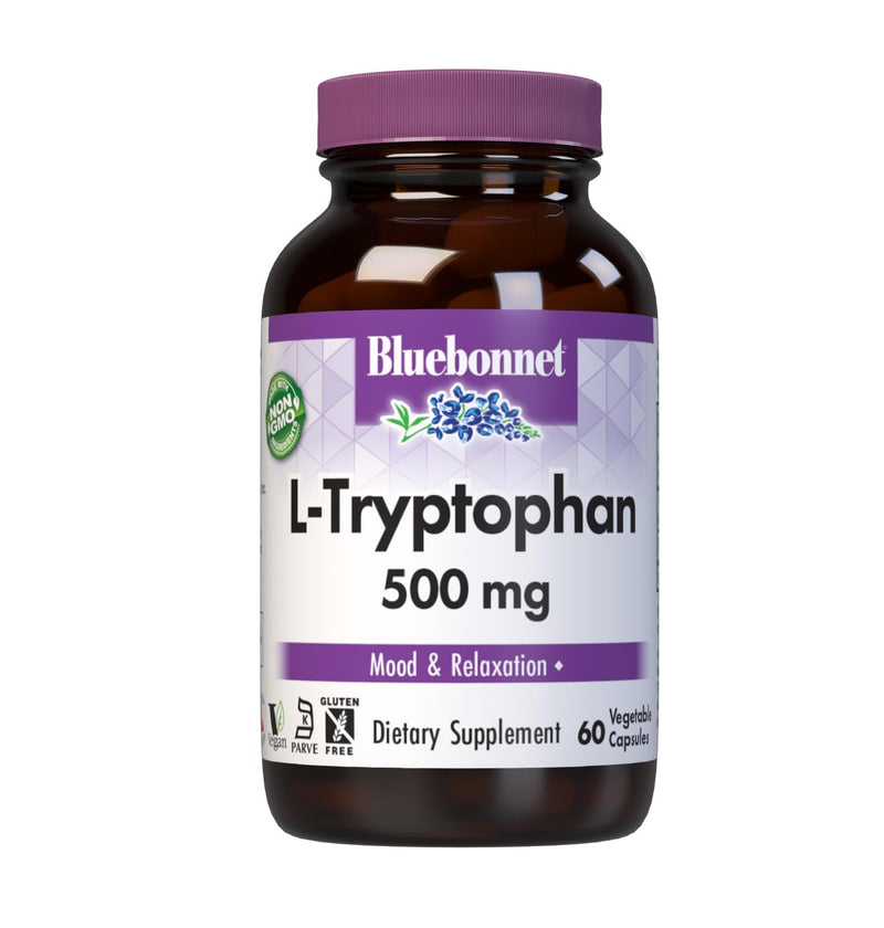 Bluebonnet Nutrition L-Trypotophan 500mg, for Neurotransmitting Support*, Supports Positive Mood*, Soy-Free, Gluten-Free, Non-GMO, Kosher Certified, Vegan, White 60 Vegetable Capsules, 60 Servings | for Neurotransmitting Support & Supports Positive Moo...