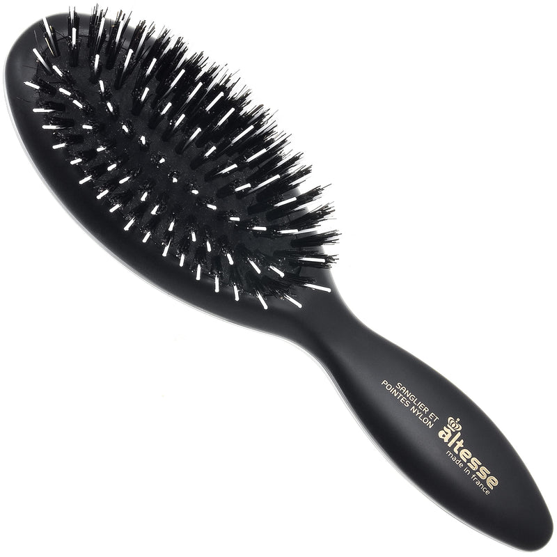 Altesse 8907 Natural Bristle Hair Brush Detangler Brush Medium Air Cushion Matte Black Handle with 7 Rows of Black Boar Bristle and Nylon Hairbrush for Thick Hair Styling and Detangling Made in France Black Bristle/Nylon
