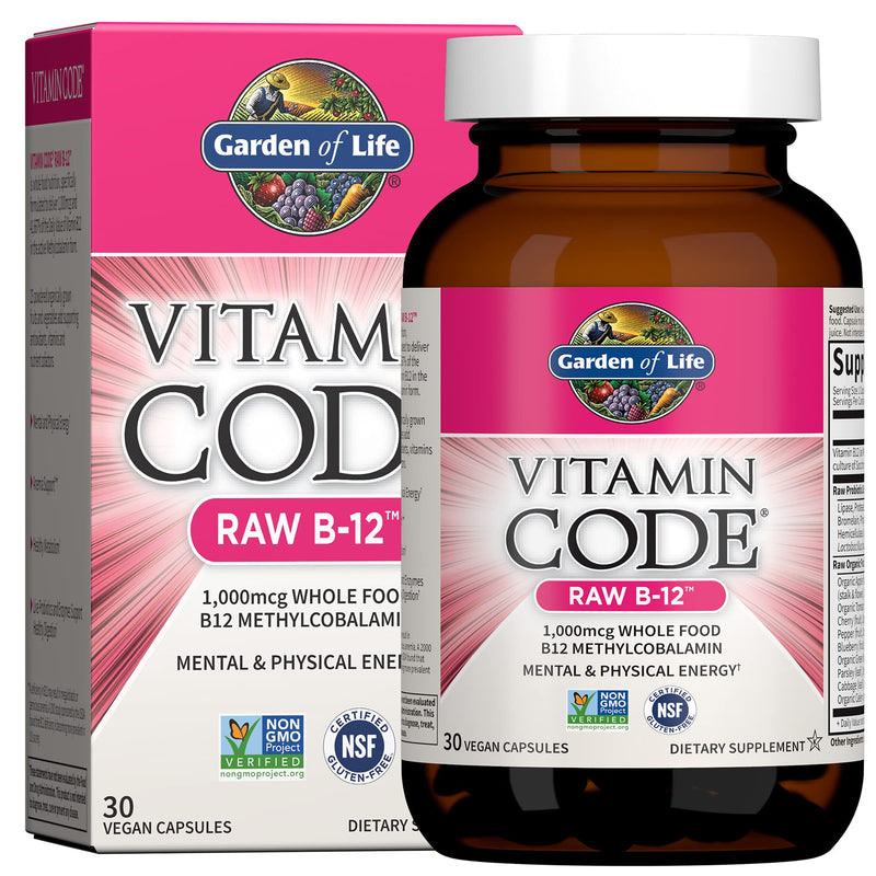 Garden of Life Vitamin Code Raw B-12 - 30 Capsules, 1,000mcg Whole Food B12 Methylcobalamin for Energy, Vegan Methylcobalamin Vitamin plus Probiotics and Enzymes, Gluten Free Supplements 30 Count (Pack of 1)
