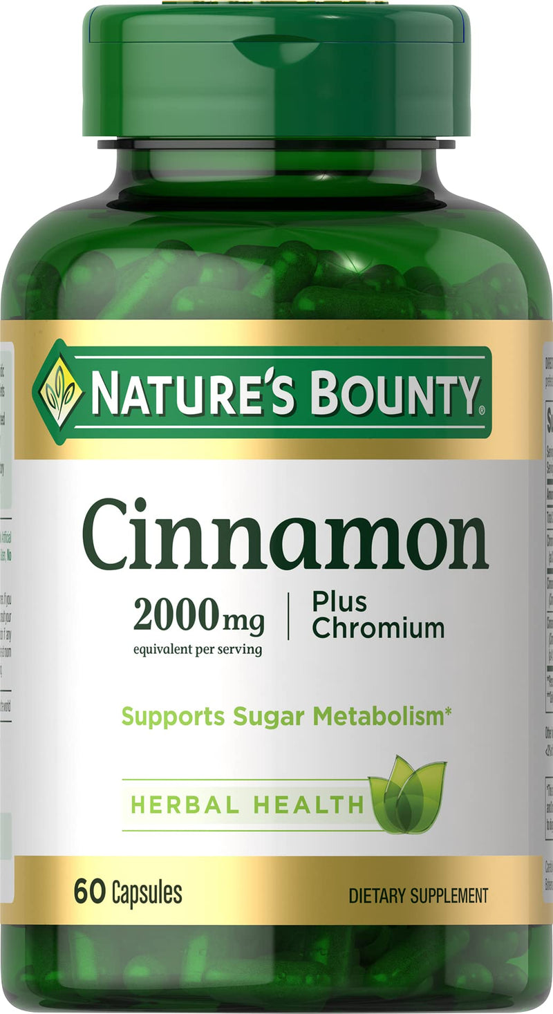 Nature's Bounty Cinnamon 2000mg Plus Chromium, 60 Capsules | Sugar Metabolism Support Supplement