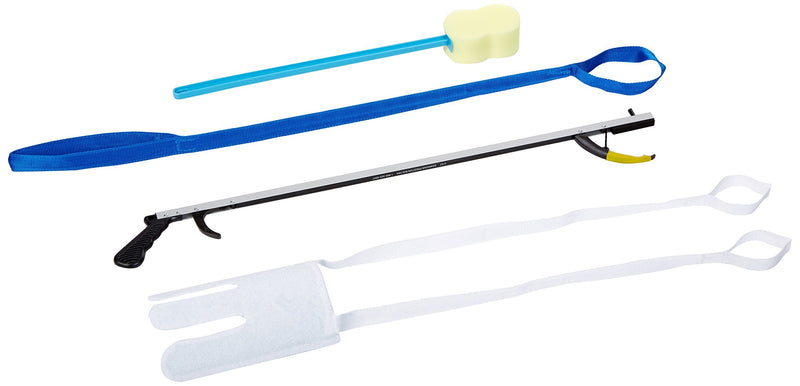 [Australia] - Sammons Preston Hip Kit 9, Four Essential Assisted Daily Living Aids for Limited Mobility, Includes 32" Reacher Claw, Flexible Sock Aid, Rigid Leg Lifter, and Contoured Bath Sponge with Long Handle 