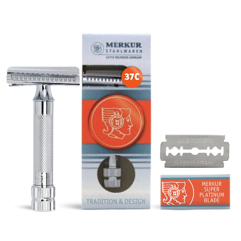 MERKUR 37C Double Edge Safety Razor | Slant Bar Design - Standard Handle | Made in Germany | Plastic-Free | Two Piece Design 1 Count (Pack of 1) MK-37001