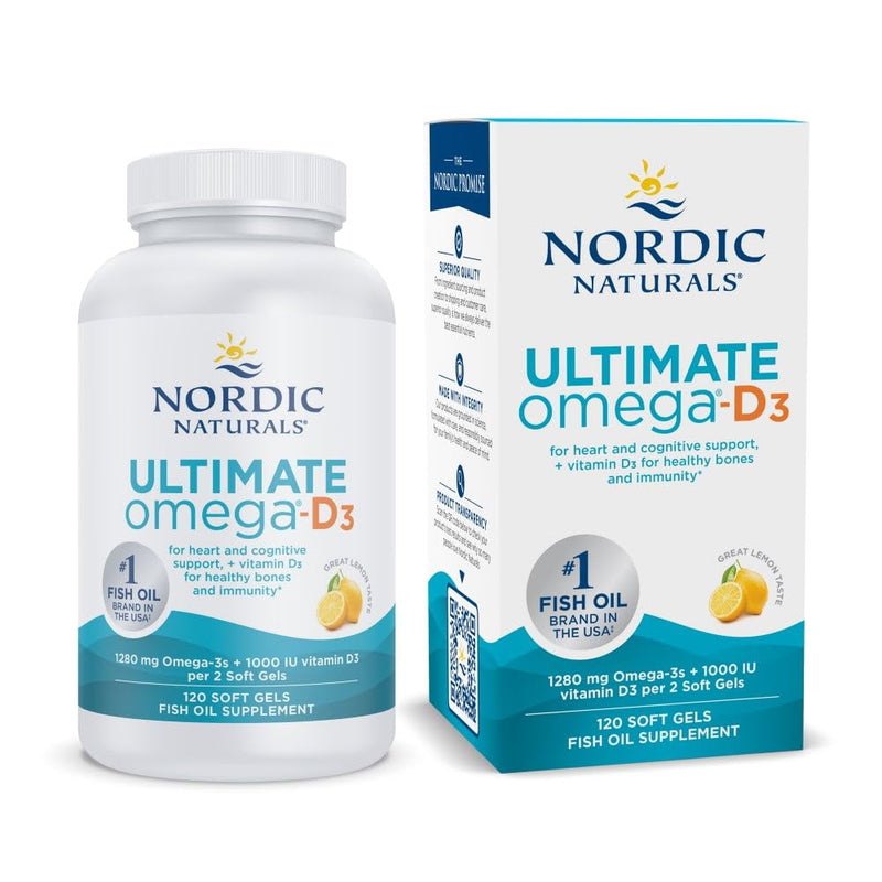[Australia] - Nordic Naturals Ultimate Omega-D3, Lemon Flavor - 120 Soft Gels - 1280 mg Omega-3 + 1000 IU Vitamin D3 - Omega-3 Fish Oil - EPA & DHA - Promotes Brain, Heart, Joint, & Immune Health - 60 Servings 120 Count (Pack of 1) 