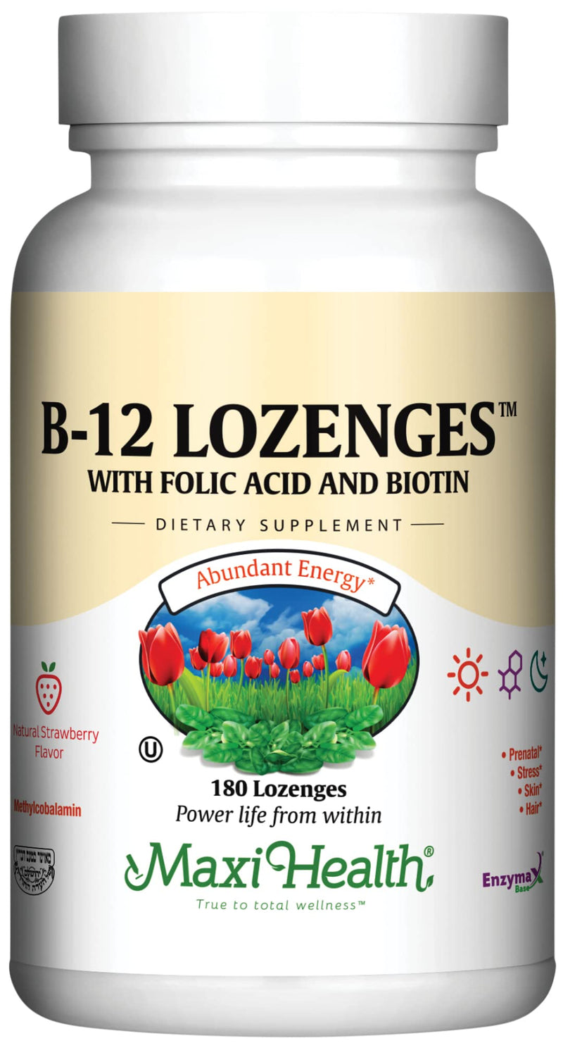 Maxi Health® Vitamin B12 Sublingual Lozenges, Strawberry (180 Count) | Kosher | Sublingual B12 with Folic Acid & Biotin | Energy & Red Blood Cell Support | Vegetarian | Doctor Formulated 180 Count (Pack of 1)