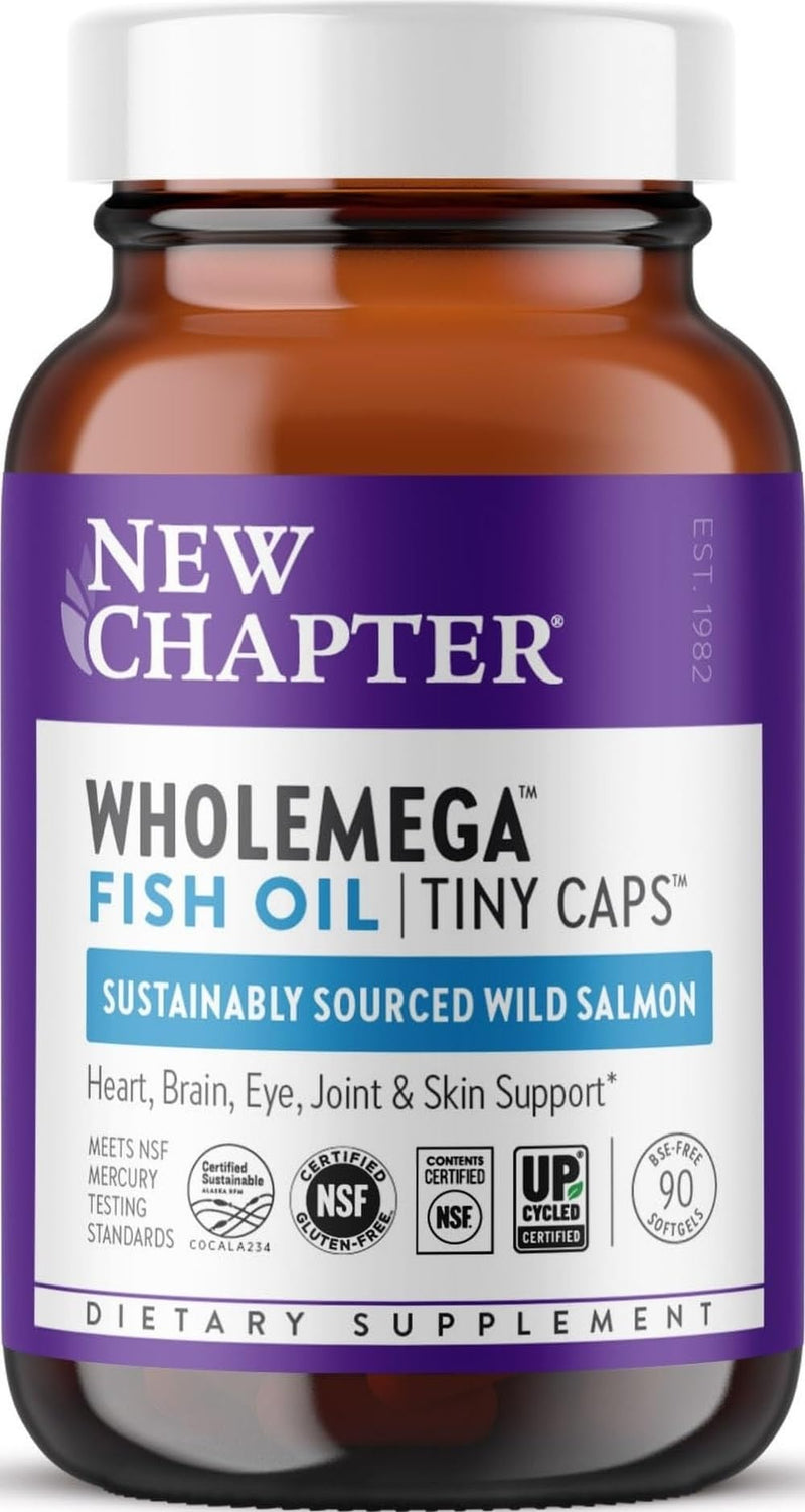 New Chapter Wholemega Tiny Capsule Fish Oil, 90 Count | 2000 mg per Serving, Wild Alaskan Salmon Oil with Omega-3, Vitamin D3, and Astaxanthin, 500 mg Each, Clinically Proven 90 Count (Pack of 1)