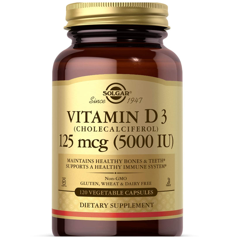 Solgar Vitamin D3 (Cholecalciferol) 125 Mcg (5000 IU), 120 Vegetable Capsules - Helps Maintain Healthy Bones & Teeth - Immune System Support - Non-GMO, Gluten Free, Dairy Free, Kosher - 120 Servings | Helps Maintain Healthy Bones & Teeth, Immune System...