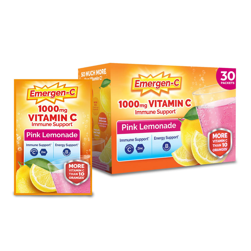 Emergen-C 1000mg Vitamin C Immune Support Powder, Pink Lemonade, 30 ct | B Vitamins for Energy, Zinc and Manganese, Vitamin D, Electrolytes, Natural Pink Lemonade Flavor 9.9 Ounce (Pack of 1)