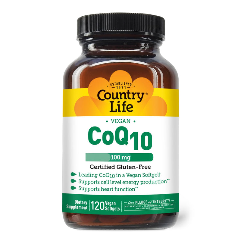 Country Life Vegan CoQ10 100 mg, 120 Softgels, Certified Gluten-Free | 100 mg vegan CoQ10 softgels to support cell level energy production and heart function.* Unflavored 120 Count (Pack of 1)