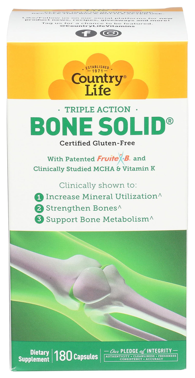 Country Life Bone Solid - Bone Health Supplement with Microcrystalline Hydroxyapatite (MCHA), Calcium, Magnesium, Zinc, Vitamins K2 & D3 for Enhanced Bone Strength & Metabolism - 180 Capsules 180 Count (Pack of 1)