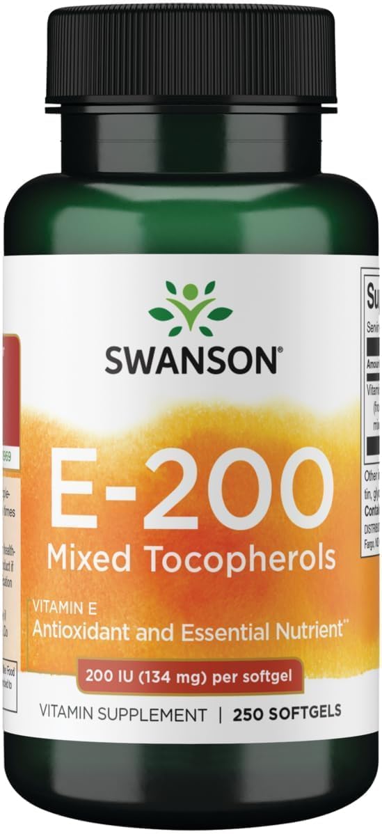 Swanson Vitamin E Mixed Tocopherols 200 IU (134 mg), 250 Softgels | Essential for Cardiovascular Health, Provides Daily Antioxidant Support, Promotes Healthy Cellular Function 250 Count (Pack of 1)