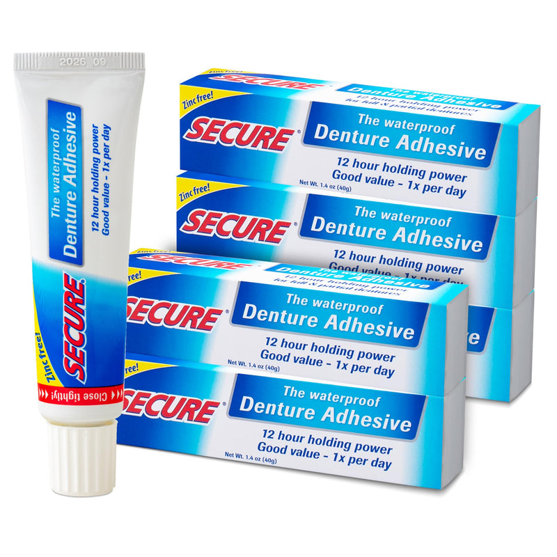 [Australia] - Secure Waterproof Denture Adhesive - Zinc Free - Extra Strong Hold For Upper, Lower or Partials - 1.4 oz (Pack of 5) 
