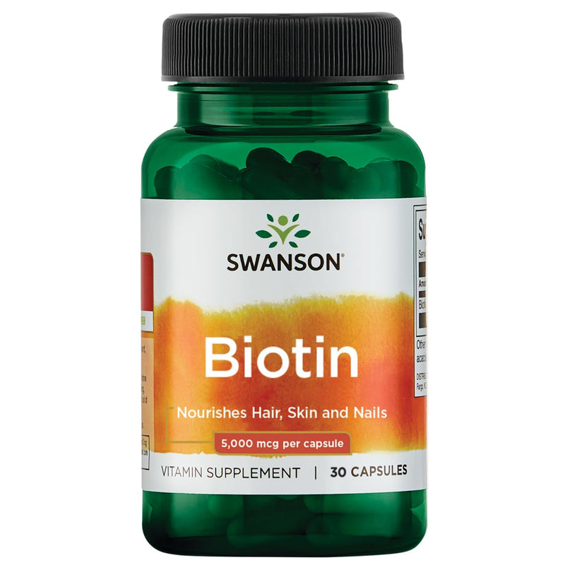 Swanson Biotin B7 Vitamin 5000 mcg, 30 Capsules | Helps Nourish Hair, Skin and Nails, Supports Energy Production and Supports Carbohydrate, Fat and Protein Metabolism