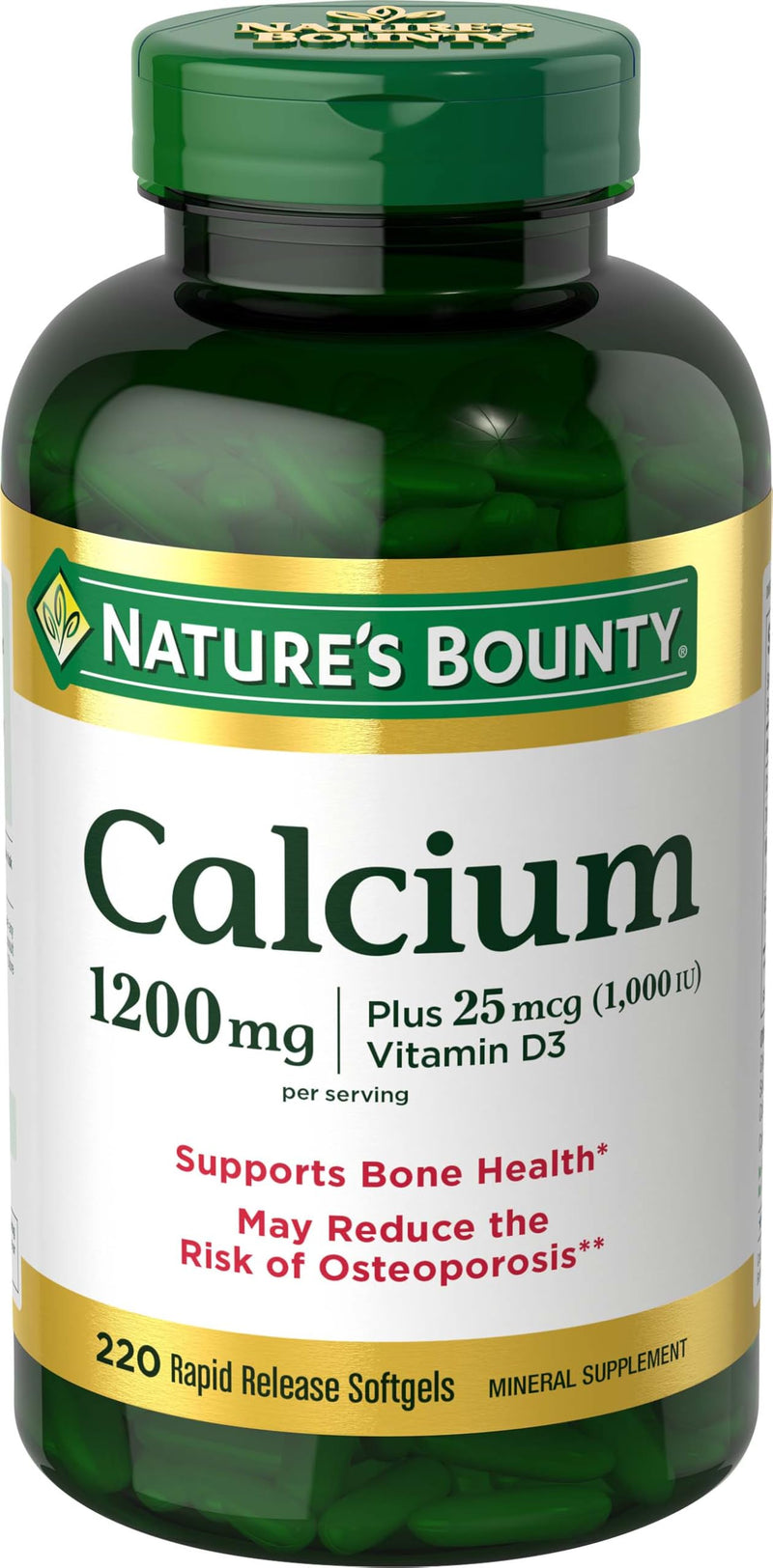 Nature's Bounty Calcium 1200mg with Vitamin D3, 220 Softgels | Bone Health & Immune Support, Vitamin D3 1000 IU 220 Count (Pack of 1)