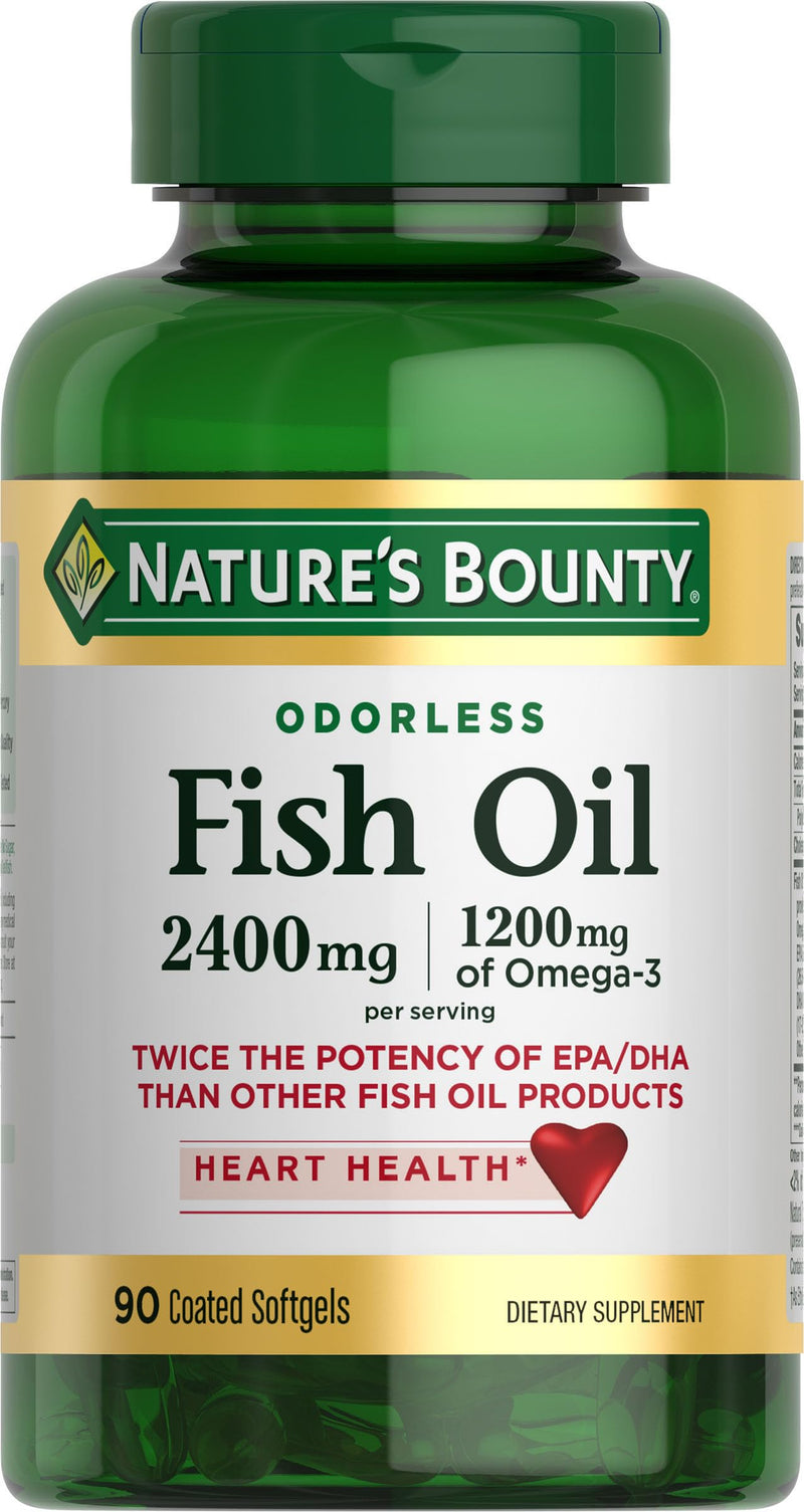 Nature's Bounty Odorless Fish Oil, 1200mg Omega-3 per Serving Including EPA & DHA, Supports Heart Health, Purified to Eliminate Mercury, Coated Softgels, Gluten Free, No Shellfish, 90 Ct 90 Count (Pack of 1)