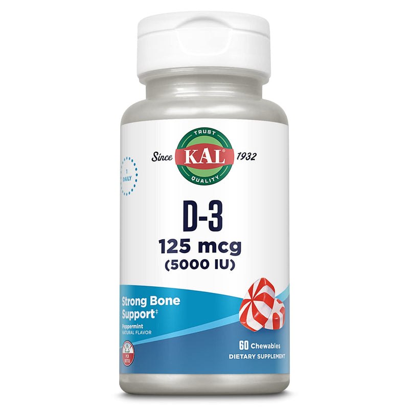 KAL Vitamin D3 Chewable Supplement - 5000 IU 125 mcg, High Potency Vitamin D Chewables, Healthy Teeth, Bone Strength and Immune Support, Natural Peppermint Flavor - 60 Count | High Potency Vitamin D Chewables, Healthy Teeth, Bone Strength and Immune Su...