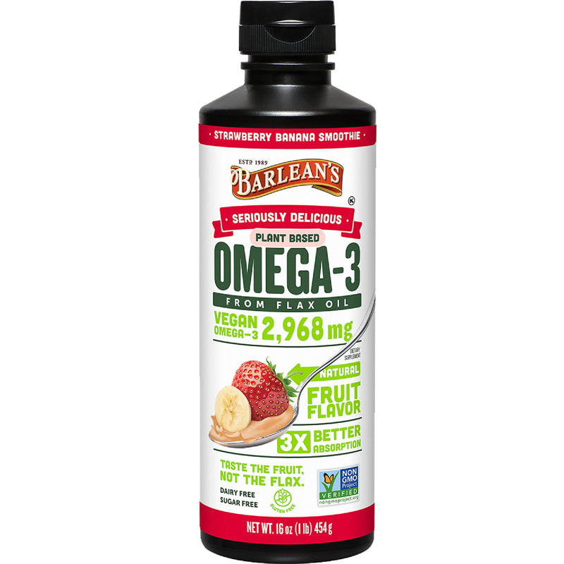[Australia] - Barlean's Strawberry Banana Omega 3 Liquid Flaxseed Oil with 2,968 mg Vegan Omegas 3 6 9, Smoothie Supplements for Kids & Adults from Cold Pressed Flax Seed Oil, Non-GMO & Gluten Free, 16 oz Strawberry Banana Smoothie 1 Pound (Pack of 1) 