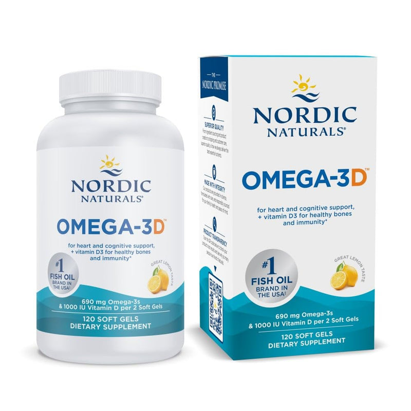 Nordic Naturals Omega-3 + Vitamin D3, EPA & DHA, Lemon - 120 Count | 690 mg omega-3 fish oil, 1000 IU vitamin D3 per serving supports immune function, brain health, heart health, and bone health 120 Count (Pack of 1)