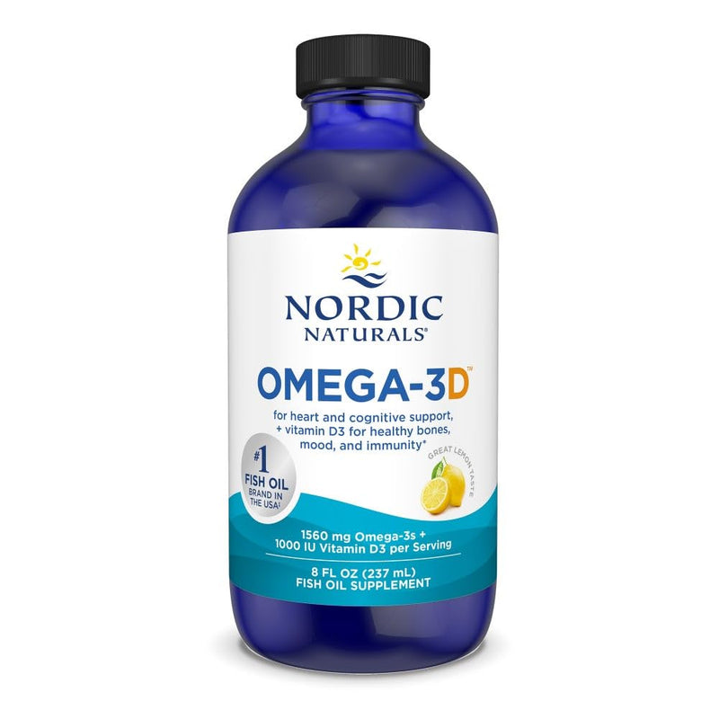 Nordic Naturals Omega-3 Liquid w/Vitamin D3, 1560mg EPA & DHA - 8oz | High-potency omega-3D liquid Omega-3 + 1000 IU Vitamin D3 per serving. Lemon-flavored. Heart, brain, bone & immune support.