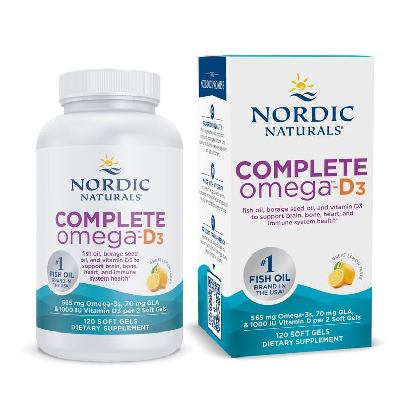 [Australia] - Nordic Naturals Complete Omega-D3, Lemon Flavor - 120 Soft Gels - 565 mg Omega-3 + 70 mg GLA + 1000 IU Vitamin D3 - EPA & DHA - Healthy Skin, Cognition, Positive Mood - Non-GMO - 60 Servings 120 Count (Pack of 1) Standard Packaging 