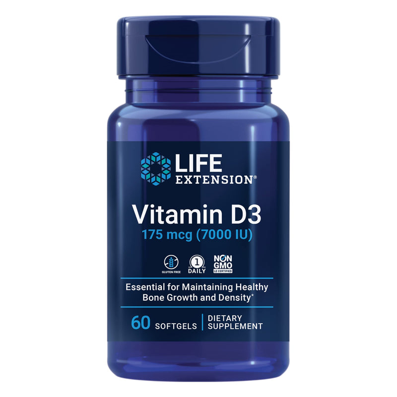 Life Extension Vitamin D3 175 mcg (7000 IU), Immune System Support, Bone Health, Brain Performance, Gluten-Free, Non-GMO, Once Daily, Two-Month Supply, 60 softgels | Bone Health, Cognitive Health & Immune System Support, Gluten-Free & Non-GMO, Once Dai...