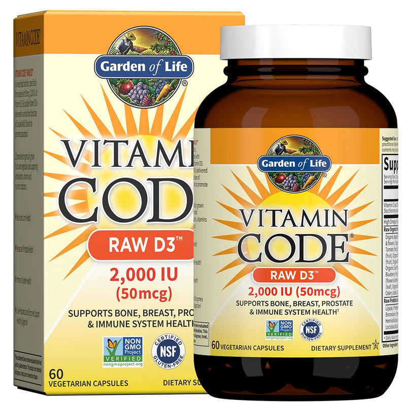 Garden of Life Vitamin D, Vitamin Code Raw D3, Vitamin D 2,000 IU, Raw Whole Food D3 Supplements with Chlorella, Fruit, Veggies & Probiotics for Bone & Immune Health, 60 Vegetarian Capsules 60 Count (Pack of 1)