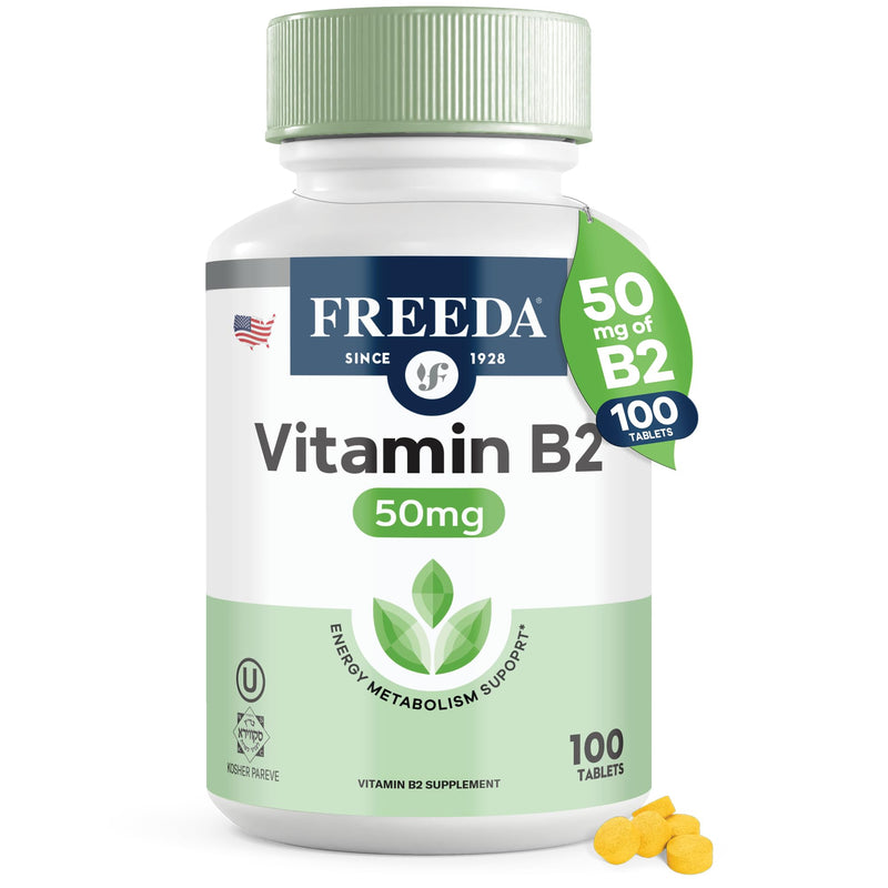 FREEDA Riboflavin Vitamin B2 Supplement - 50mg - 100 Tablets | Vegan & Kosher Riboflavin B2 50mg Tablets - Support Energy, Brain Function, Metabolism, and Nervous System Health