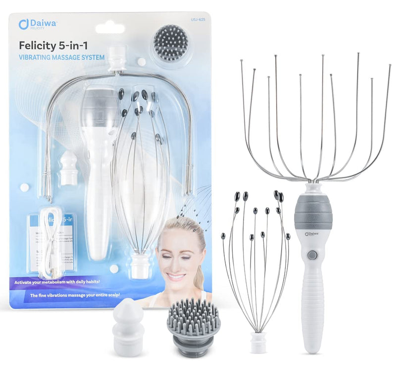 [Australia] - Daiwa Felicity Head Scalp Massager Scratcher 5-in-1 Stress Relief Massager Set for Scalp, Face, and Body Relaxation, Magnetic and Shiatsu Therapy for Tension, Pain Relief, and Wellness 